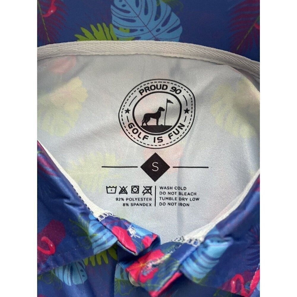 Proud 90 Golf Polo Shirt Men's Blue Floral Flamingo Stretch Short Sleeve Size S - Picture 4 of 4